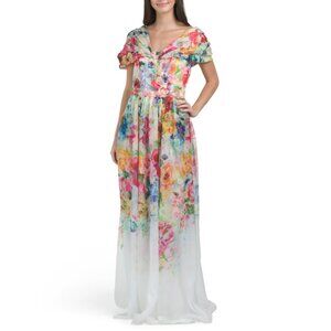 MARCHESA Ivory Multi Painted Print On Chiffon Gown